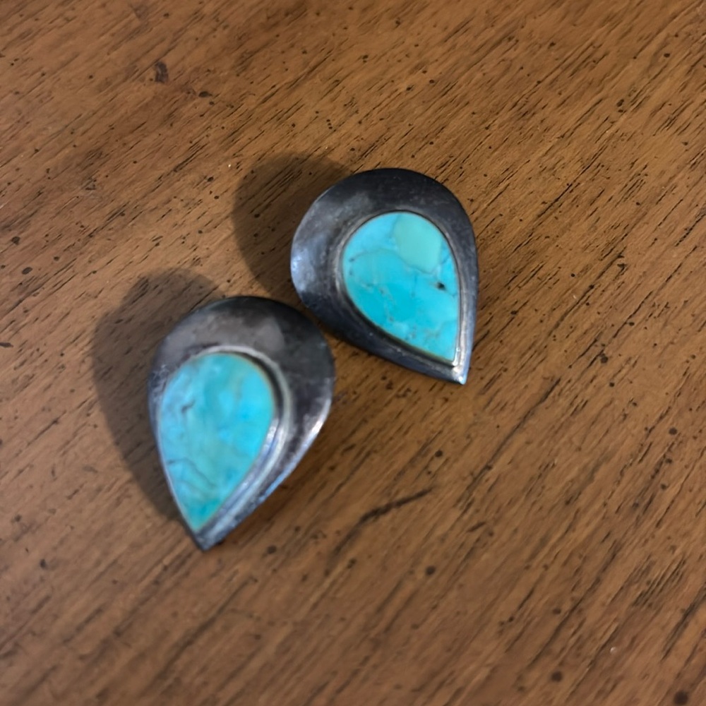 Turquoise and Silver Teardrop Earrings- vintage